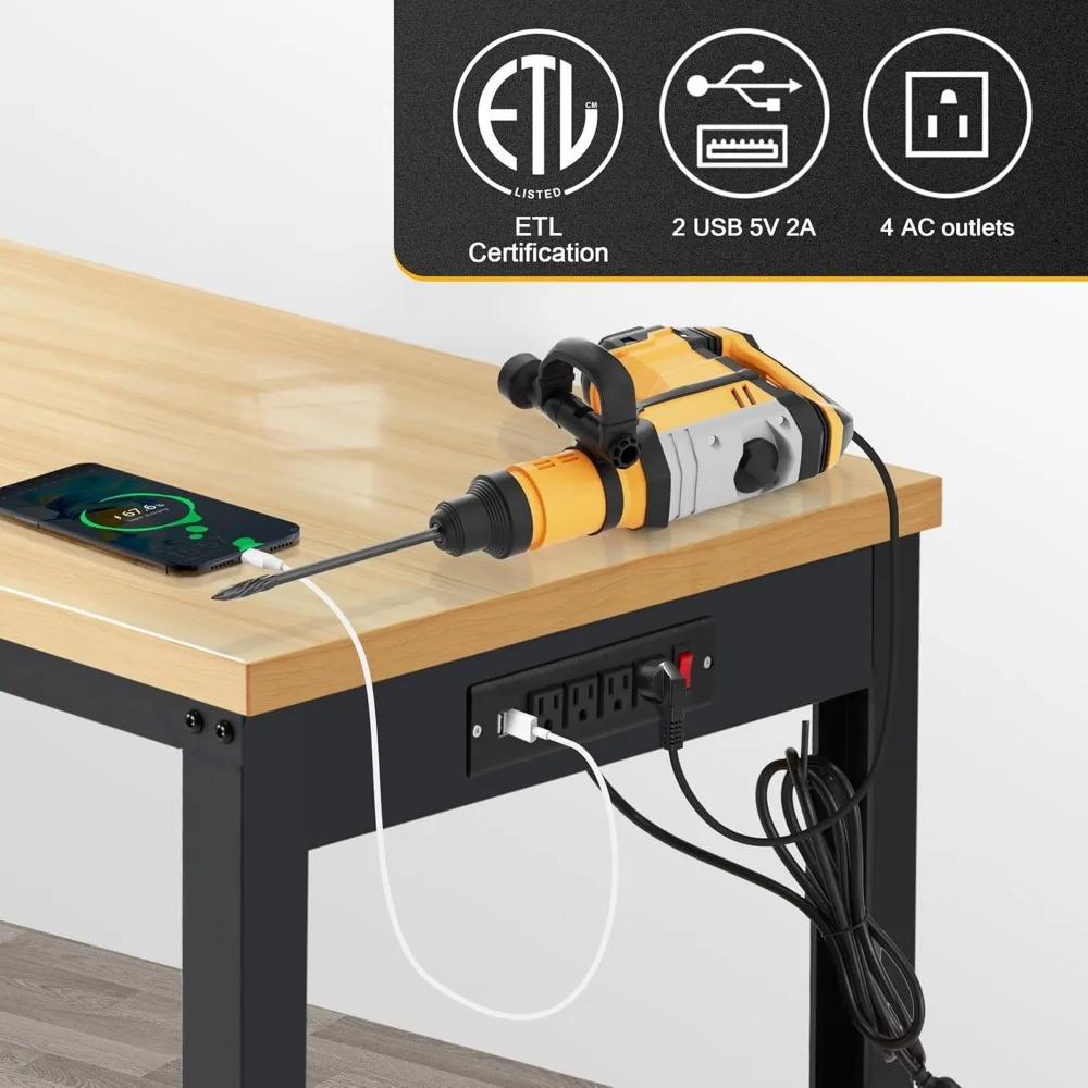 Heavy-Duty Adjustable Workbench with Power Outlet - 2000 lbs Capacity for Garage and Workshop Use