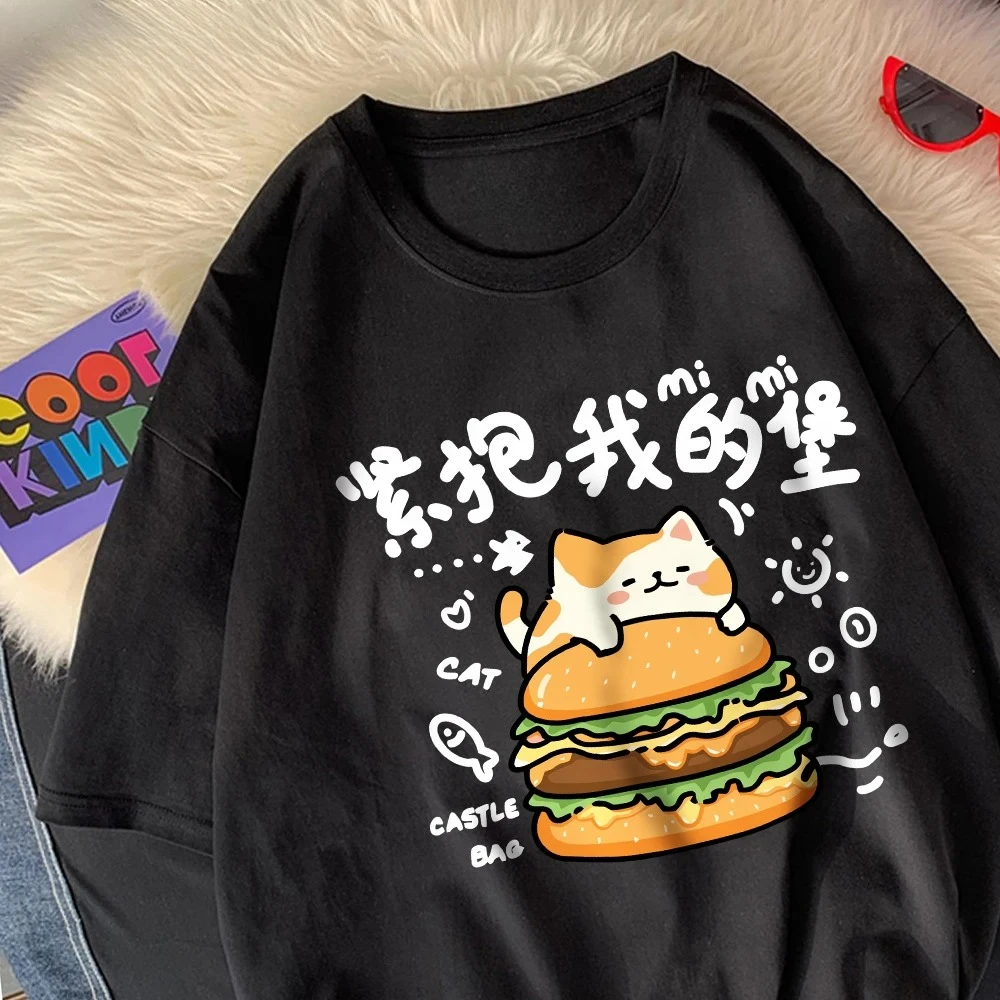 The Kitten Hugged His Burger Tightly Womens T-Shirts Cartoons Prints T Shirts O-Neck Soft Tops Summer Clothes Graphic T Shirts