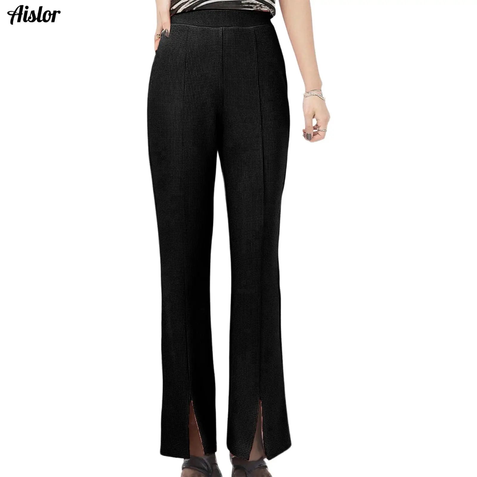 

Kids Girls Fashion Split Flared Pants Casual Soft Elastic Waistband Waffle Texture Trousers for Picnic Park Holiday Dailywear