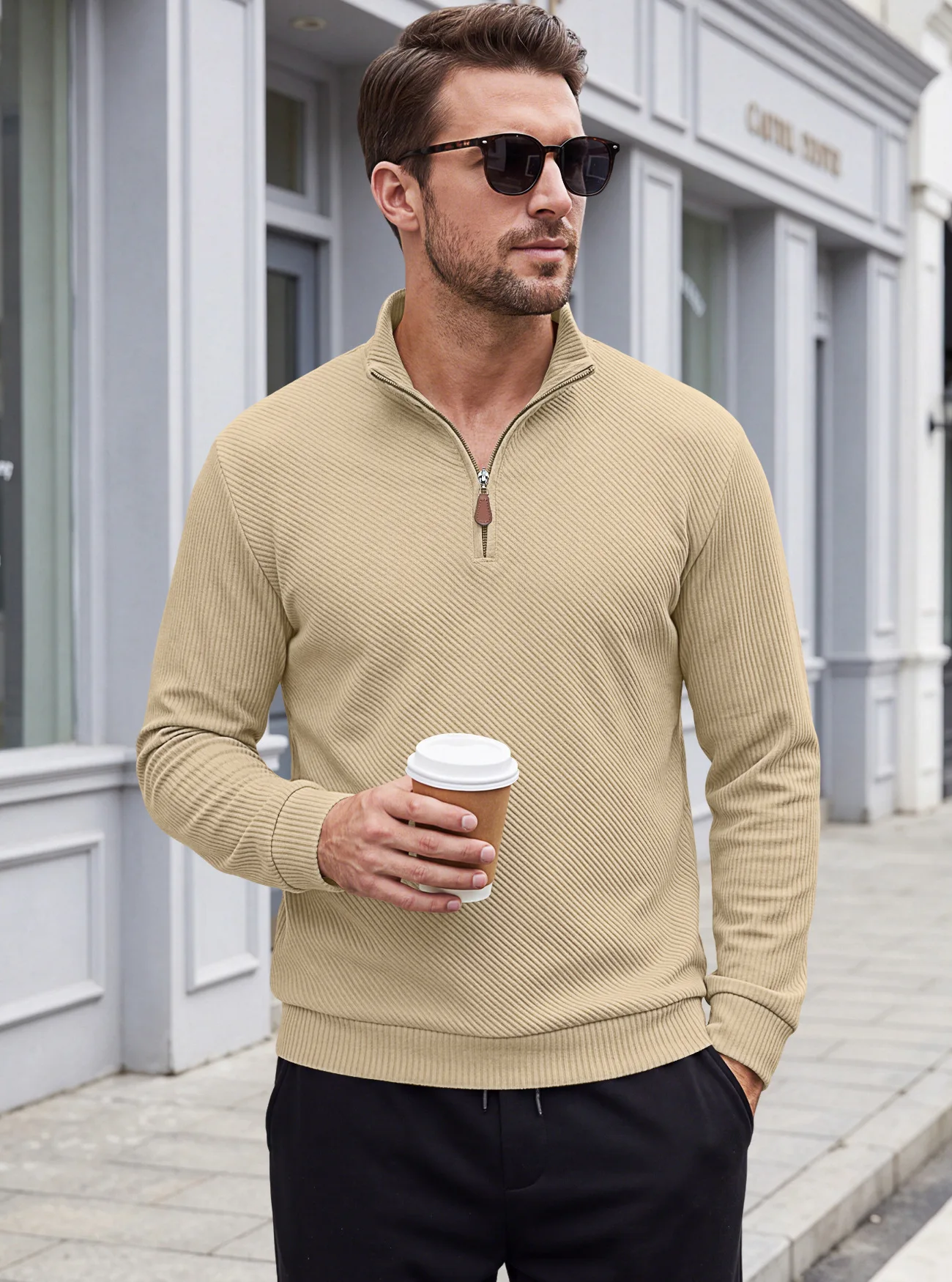 Men's Casual Zip-Up Stand Collar Sweatshirt Autumn Winter Loose Fit Outdoor Hiking Jogging Pullover Top with Textured Finish