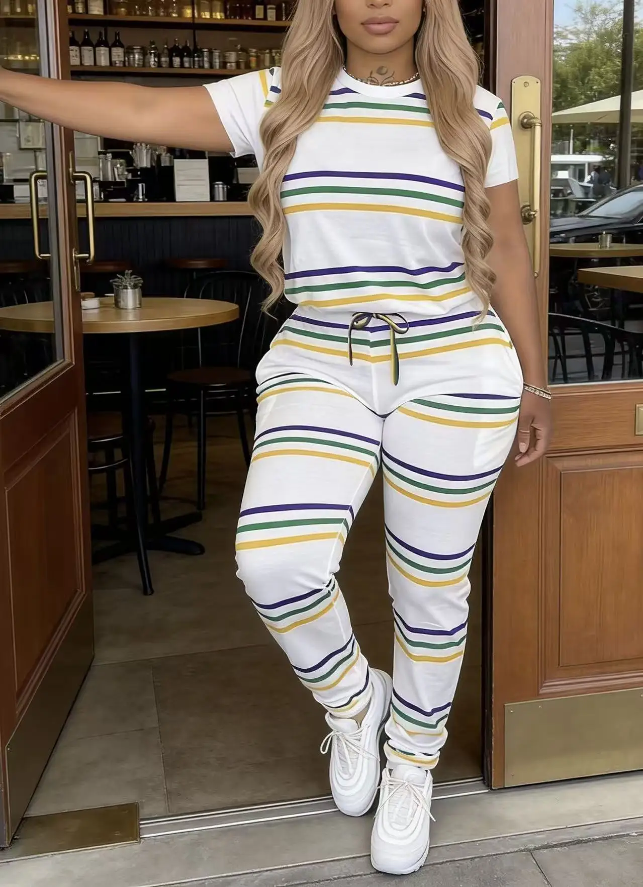 Plus size new contrast color striped short sleeve jogger set drawstring elastic waist casual two-piece set light sports daily set