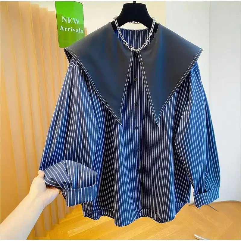 plus Size 300 Pou Fat MM Doll Collar Long Sve irt 2024 Autumn New Loose Striped Large Collar Blouse Korean Sle Comm...