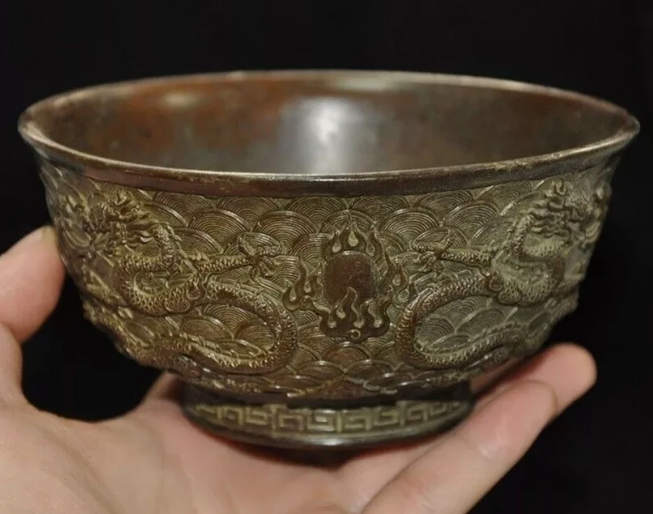 4.8" China Ancient bronze Feng shui dragon long Dynasty palace Tea cup Bowl