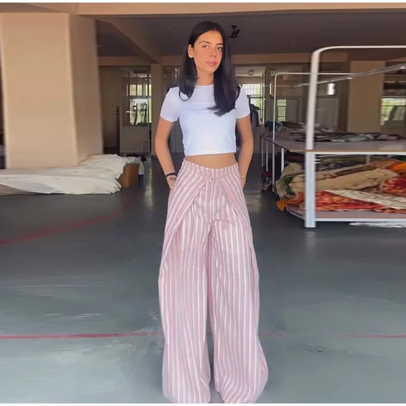 Casual Striped Women's Trouser Lace-Up Adjust Belt High Waist Wide Leg Pants 2026 Summer Autumn Fashion Female Street Trousers