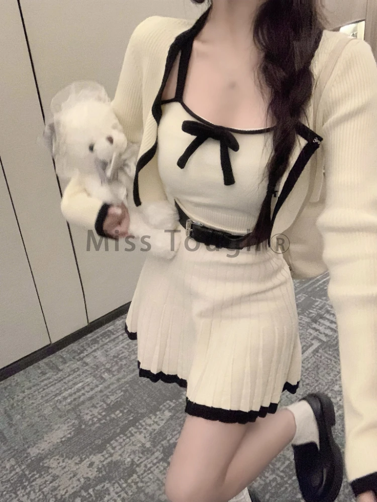 Winter Kawaii Vingate 3 Piece Set Women Elegant Bow Knitted Skirt Suit Female Korean Fashion Casual White Sweater Set 2023 New