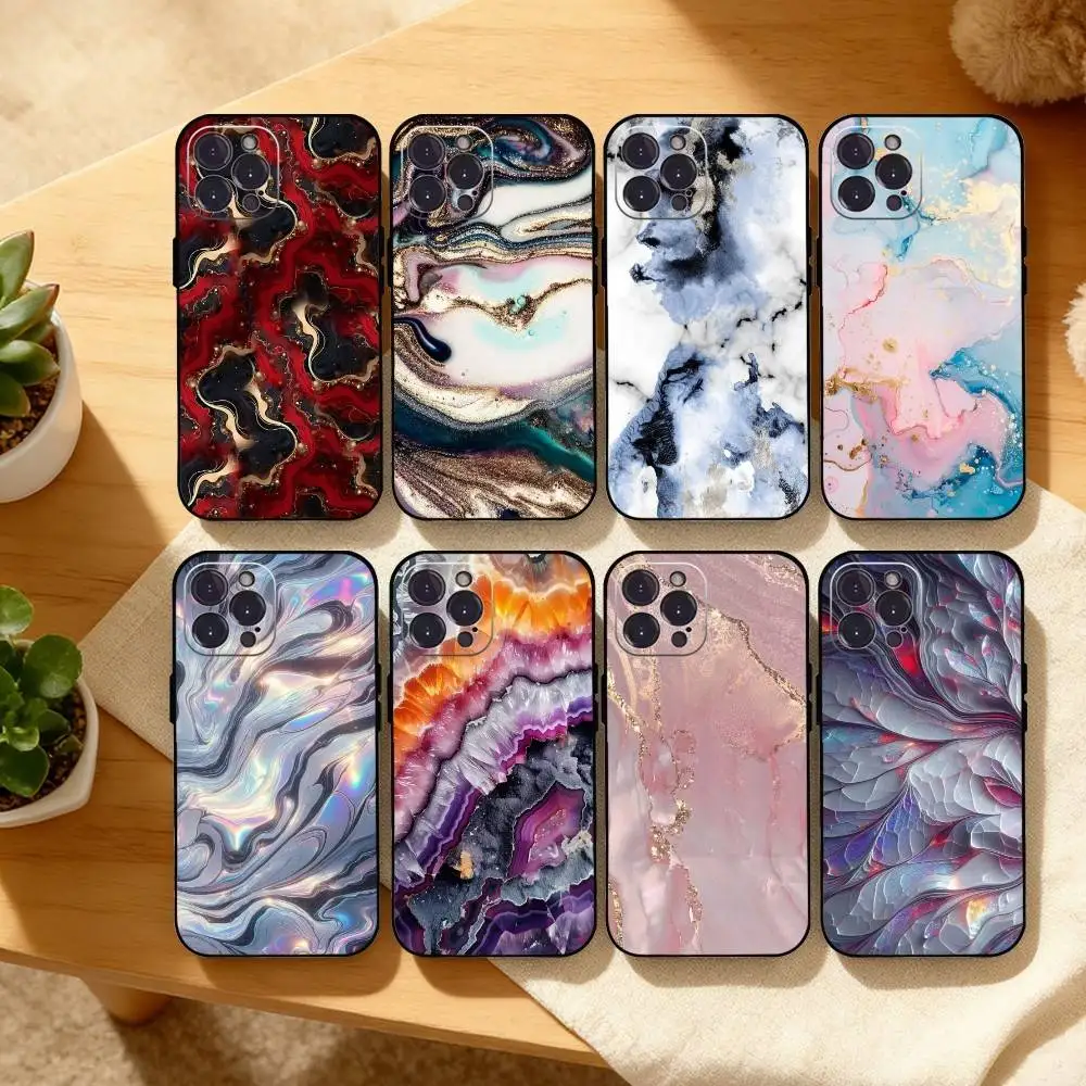 

G-Glitter Art Marble Pattern Phone Case For iPhone17,16,15,14,13,12,Plus,Pro Max, 5G Others Soft Black Cover
