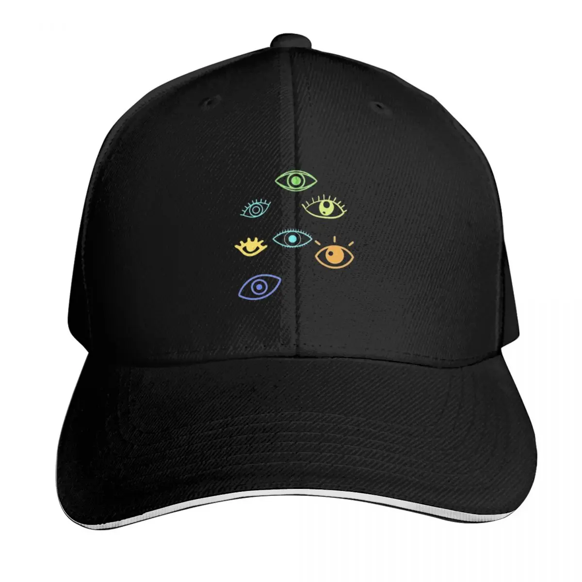 Zielone, niebieskie i żółte oczy obserwują Cię, straszna maska, czapka baseballowa, czapka typu dad hat, czapka rave, czapka custom, czapki damskie, czapki męskie