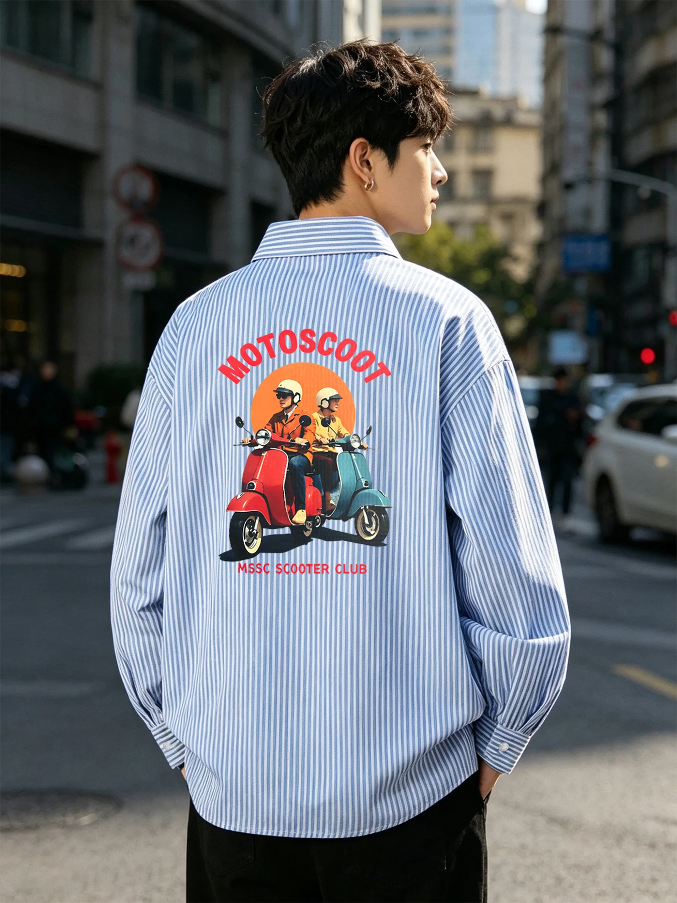 

Spring and Autumn Thin Fashion Men's Casual Long-Sleeve Striped Shirt with Cartoon Back Pattern and Turn-Down Collar