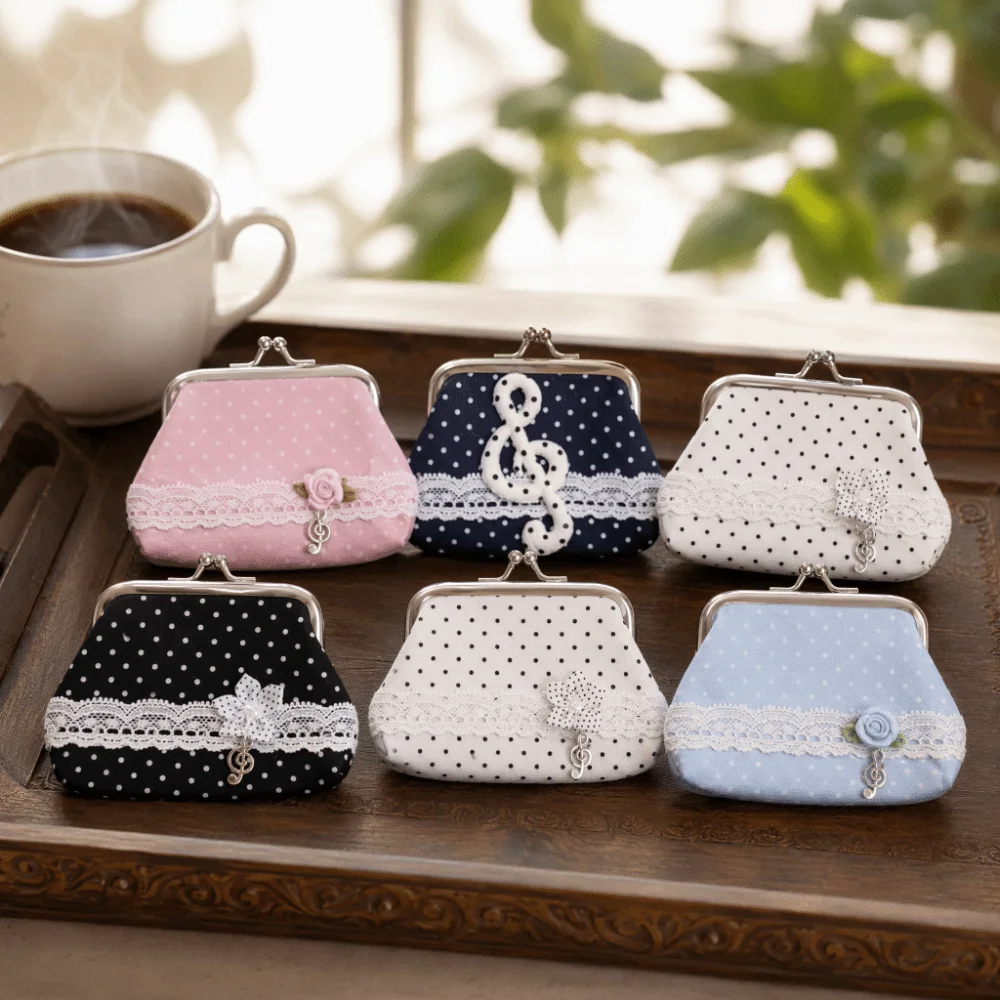 Cute Handmade Lace Polka Dot Coin Purse Rose Pattern Vintage Kiss Lock Wallet Portable Music Note Earphone Bag Lipstick Storage