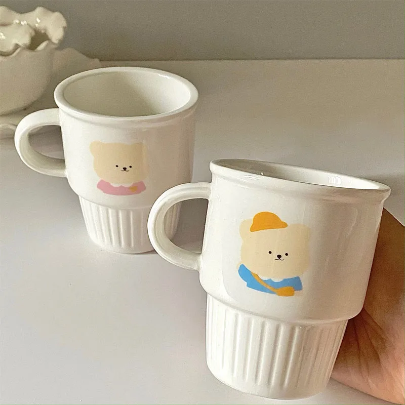 TingKe-Handmade Cute Bear Pattern Ceramic Couple Cup, Creative Eggshell Stacked Cup, Modern Simple Home Mug, Coffee Cup