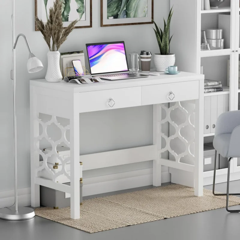 

39 inch Small White Wood Desk with 2 Drawers, Modern Writing Desk for Home Office, Wooden Study Table with Design