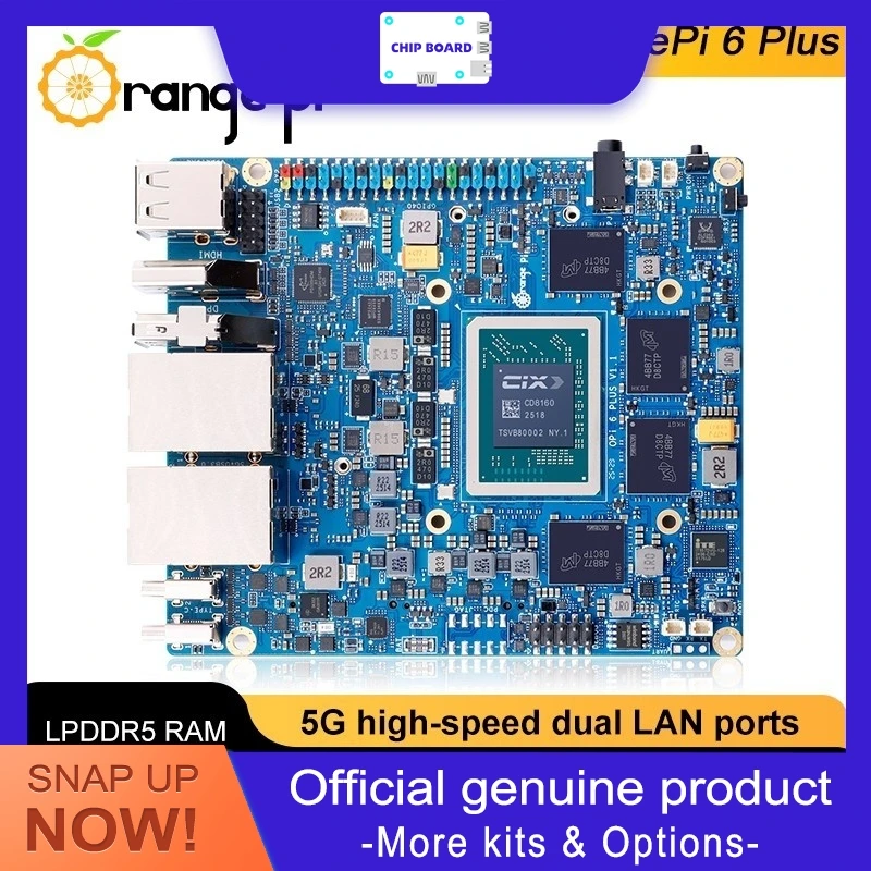 Orange Pi 6 Plus AI SBC with CD8180/8160 12-core SoC, 45 TOPS NPU, dual NVMe slots, and USB 3.0 connectivity.