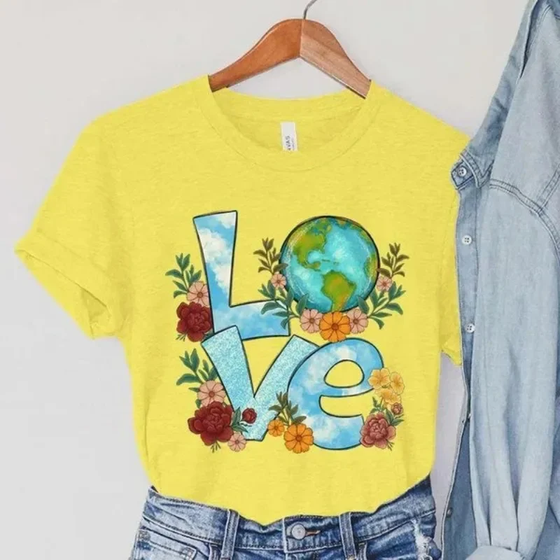 Cotton  100% Europe and United States LOVE The Earth Printed Pattern Round Neck Short-sleeved T-shirt Top Graphic T Shirts