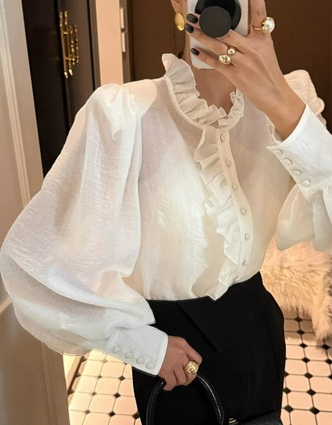 

Retro Patchwork Ruffle Puff Sleeve Shirt for Women's New Versatile Sun Protection Top