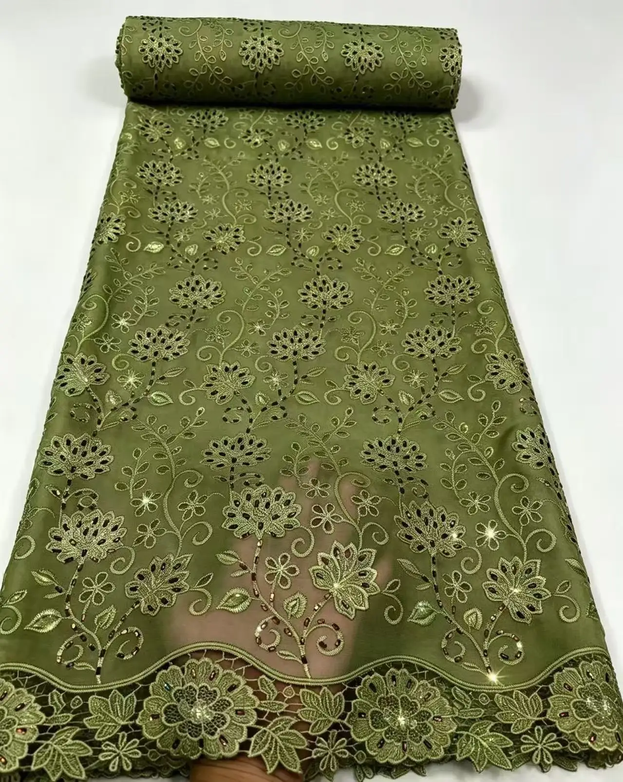 Chocolate Brown Embroidered Tulle Lace Fabric Multi‑Color Rhinestones, African Floral Vine Lace, Scalloped Edge Bridal Sewing