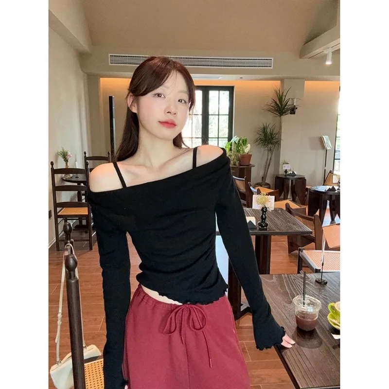 

Поддельная двухсекционная женская футболка с открытыми плечами и длинными рукавами, осенний новый облегающий топ с ушками