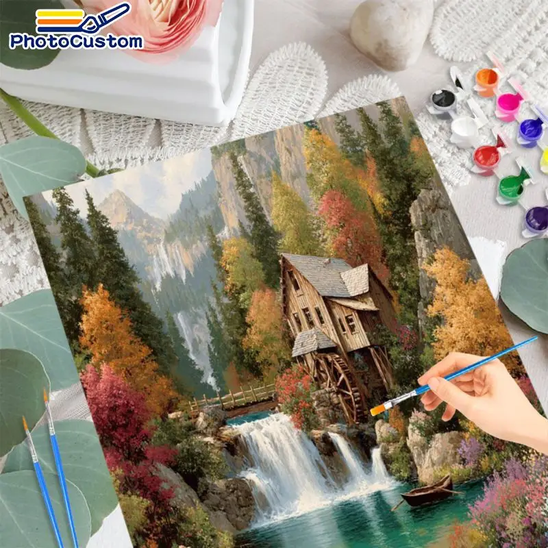 PhotoCustom Stream Waterfall Painting By Numbers Living Room Decoration Crafts DIY Kits for Beginners Landscape Modern Handmade