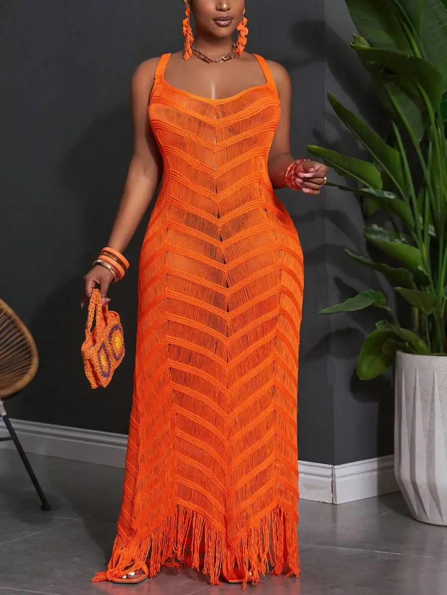 

Яркое оранжевое макси-платье с вязаным узором «шеврон» и бахромой, без рукавов, с прозрачными вставками