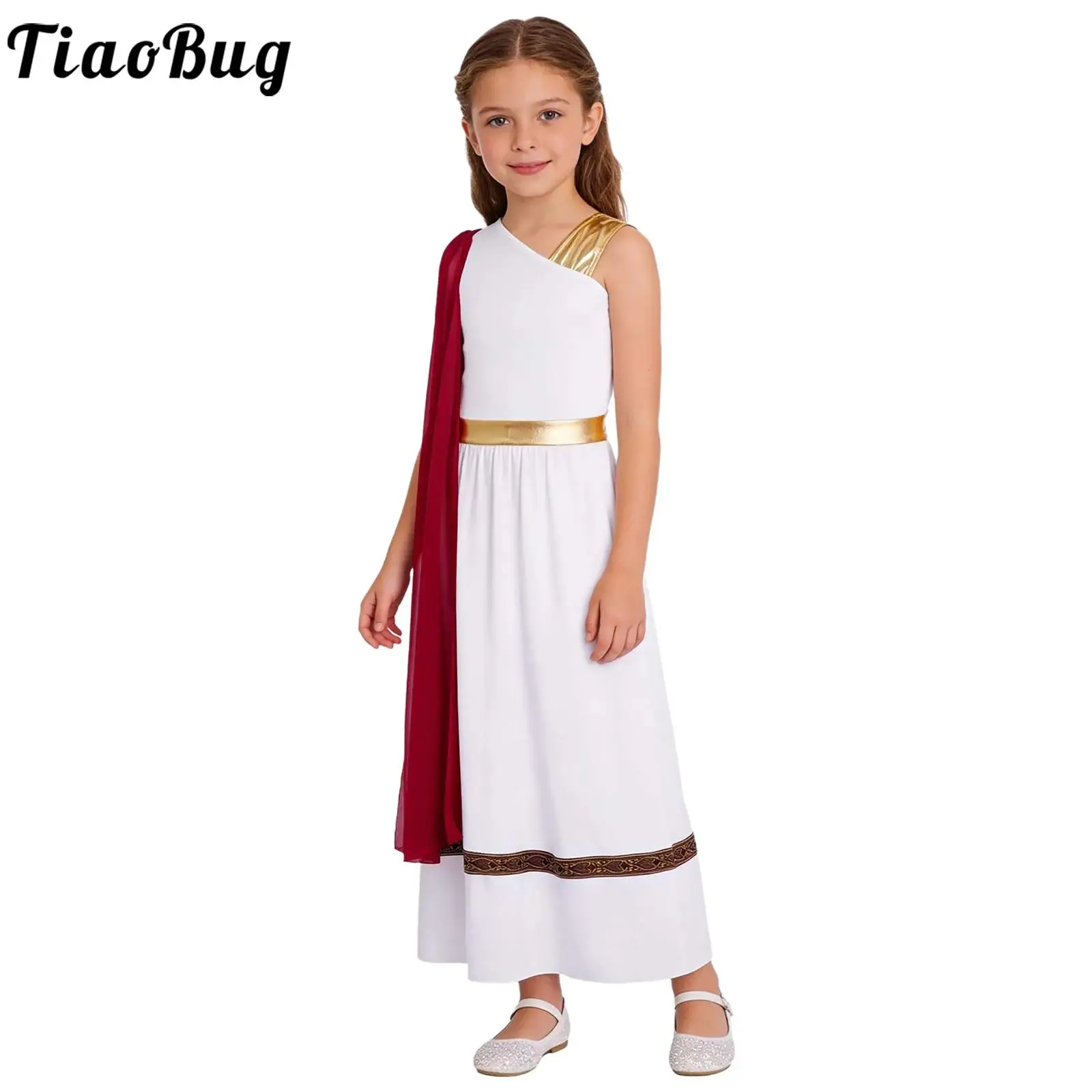 

Girls Ancient Greek Toga Goddesses Costume Halloween Party Dresses Sleeveless Gold Trims Toga Greece Roman Queen Cosplay Dress