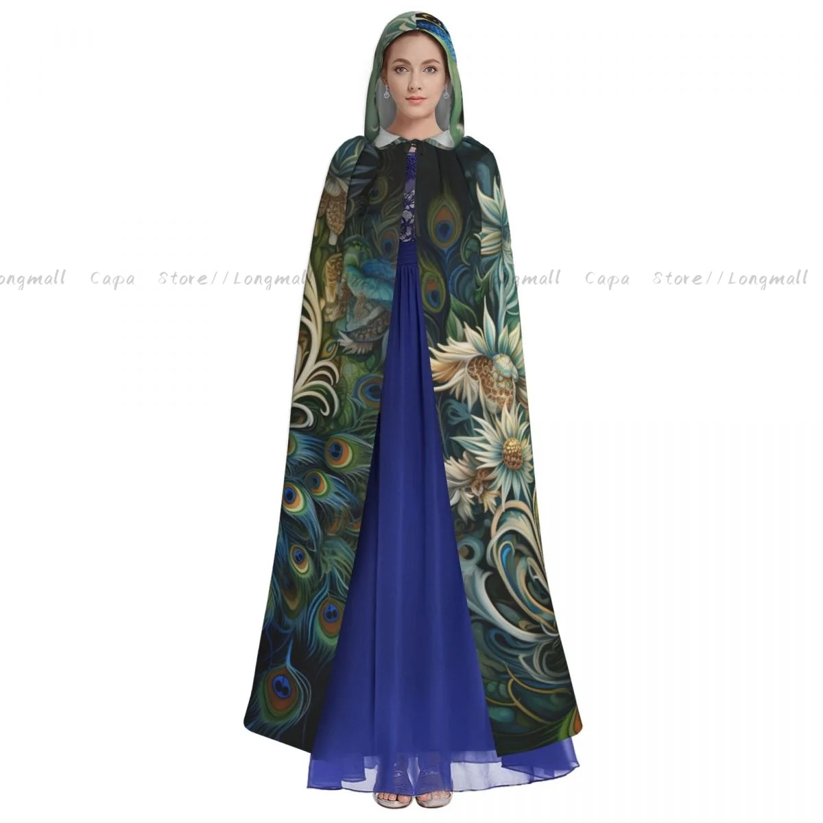 Peacock With Beautiful Feathers Flowers Cloak Hooded Cosplay Costume Halloween Adult Long Party Cape