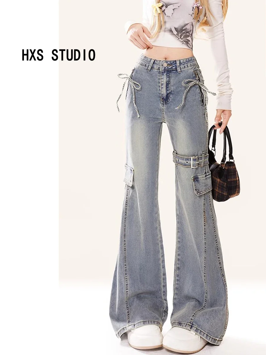 Y2K Flare Low Rise Jeans Pants For Woman Cargo Baggy Trousers Aesthetic Streetwear Pockets Hippie Denim Bell Bottom CasualOutfit