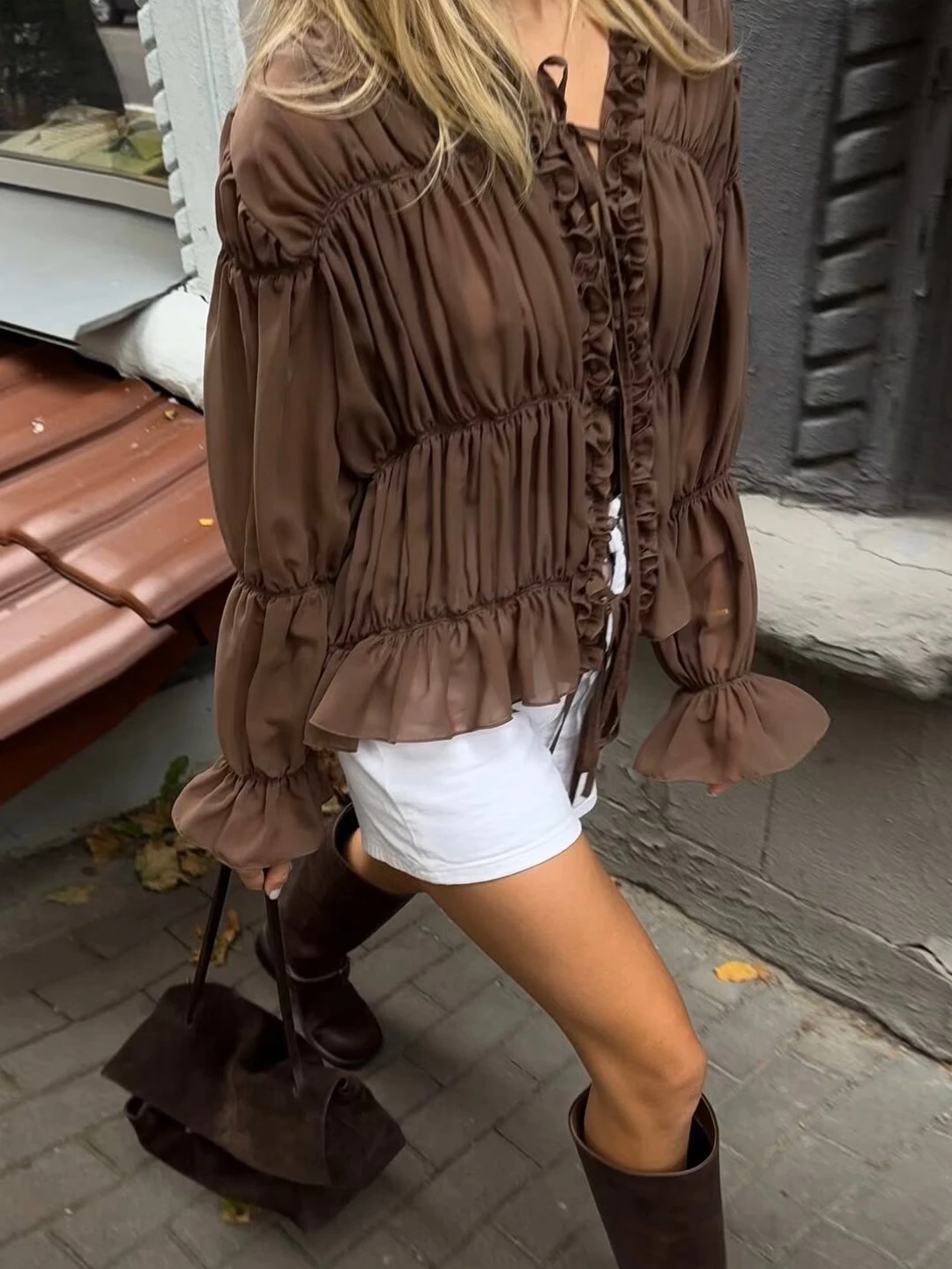 Retro See-through Tie-dye Long Sleeve Chiffon Open Cardigan Outerwear Sunscreen Loose Pleated Bubble Sleeve Lotus Stem Shirt Top
