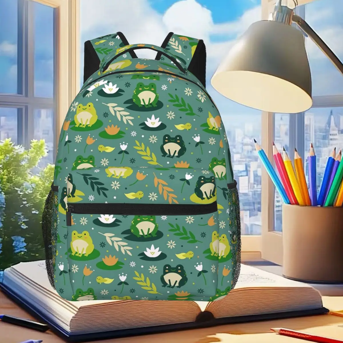 

Cute Frog Pattern On Lotus Leaves Backpack Student Boys Girls BookBag Children School Bag Computer Shoulder Bags for Men Women