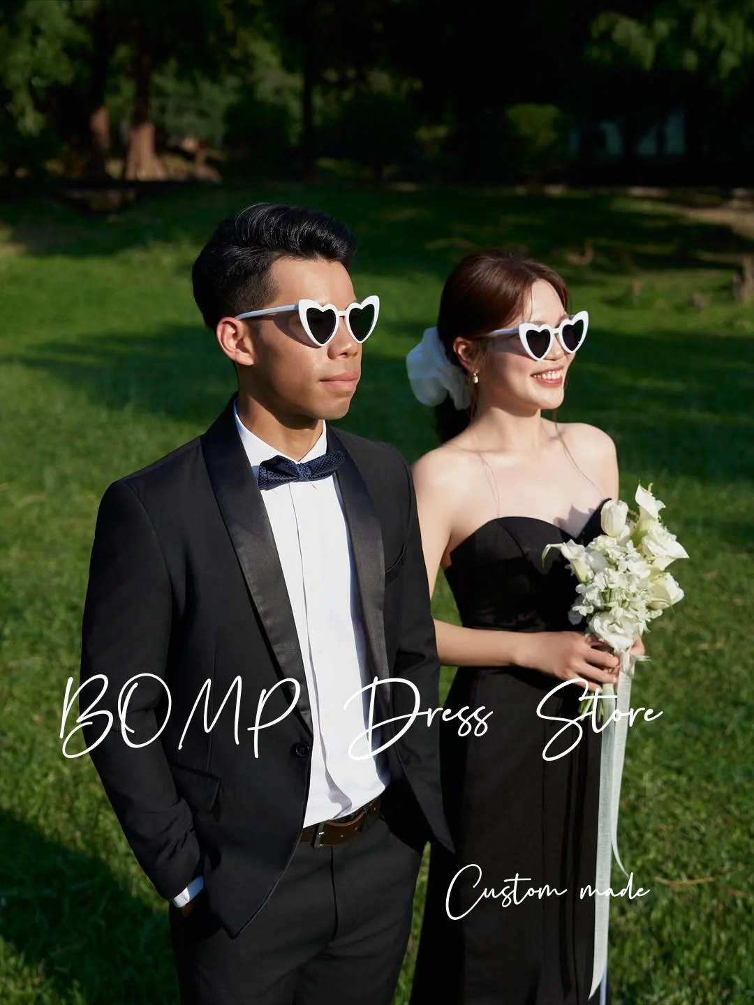BOMP فساتين حفلات الزفاف الساتان المطاطي الأسود الأنيق فساتين السهرة على شكل قلب كوريا تبادل لاطلاق النار فستان الزفاف حسب الطلب
