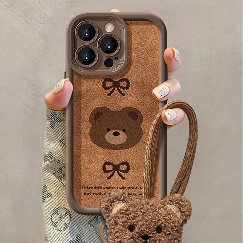 Korean Cute 3D Plush Bear Bow Pendant Leather Phone Case For iPhone 16 15 14 13 12 11 Pro Max Plus Shockproof Lens Protect Cover