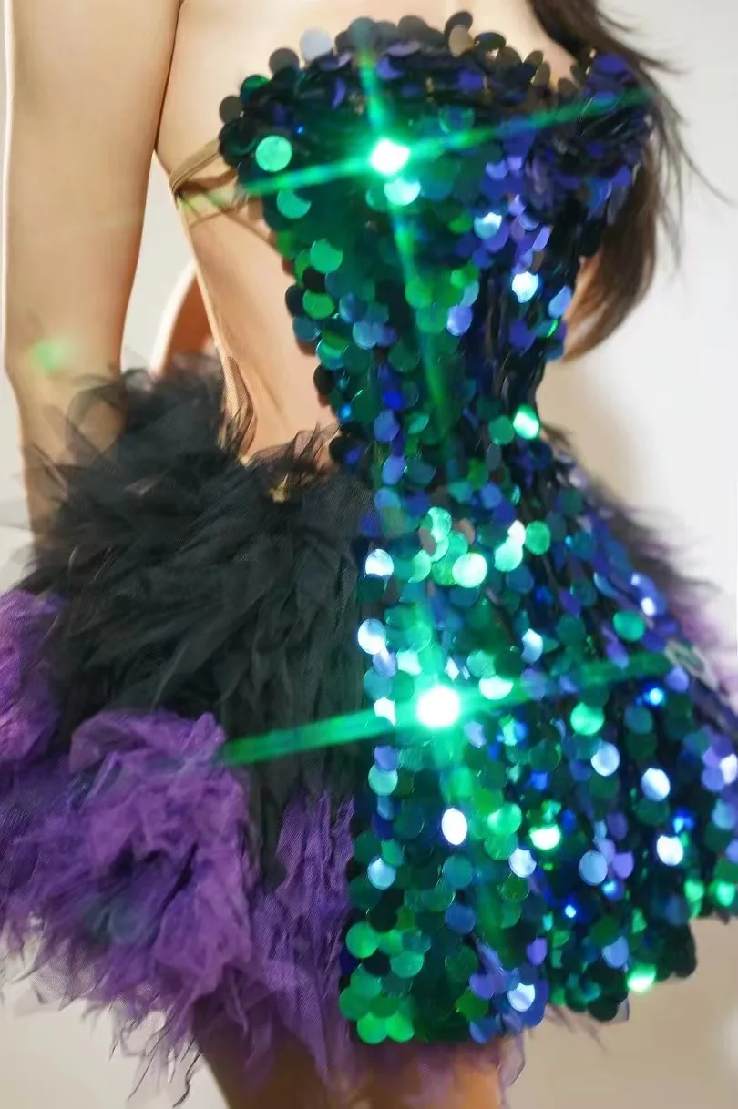 Luxuriöses trägerloses Kleid mit Herzausschnitt, Pailletten, figurbetontem Schnitt, Feder-Tüllrock, für Bühne, Geburtstagsfeier, Cosplay, Clubwear, Bar-Kleid – Detail 7
