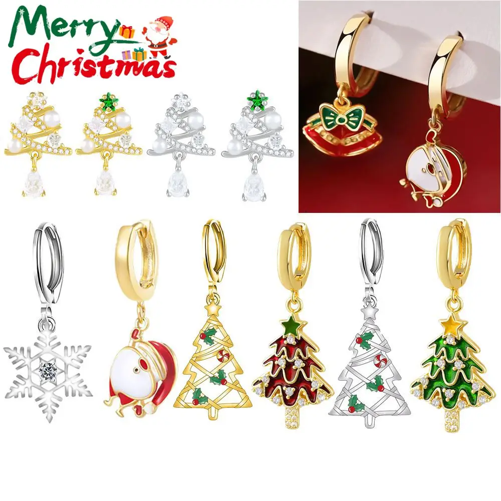 

925 Sterling Silver Ear Needle Exquisite Cute Hoop Earrings Snow/flake Santa Claus Sweet Women's Earrings Christmas Gift Party