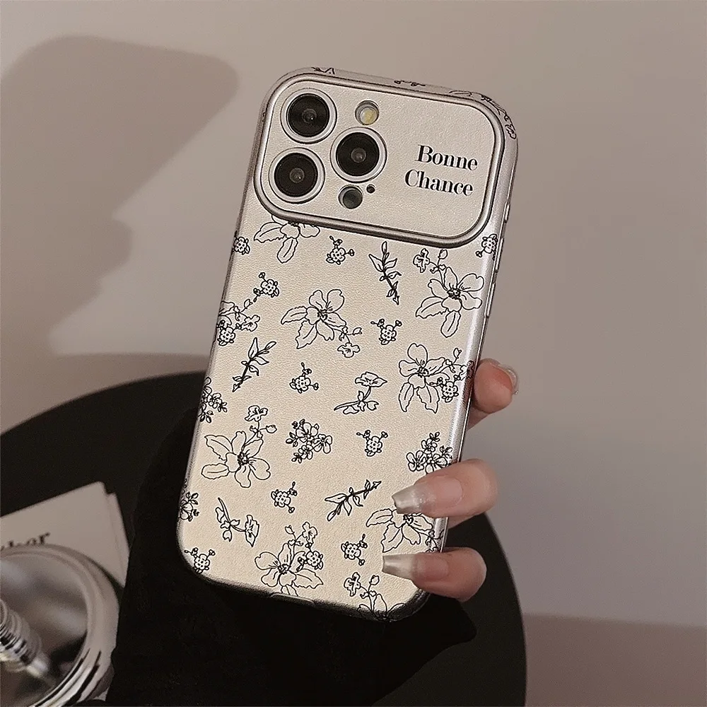 Koreanisches Retro-Blumenmuster, silberner Rand, Lederstruktur, Handyhülle für iPhone 17, 16, 15, 14, 13, 12, 11, Pro Max Plus, stoßfeste Abdeckung