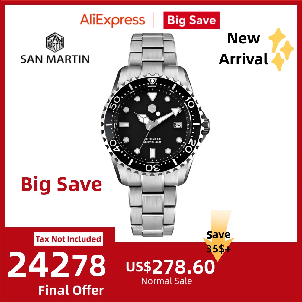

San Martin 40mm Enamel Dial YN55 Men Diver's Automatic Mechanical Watch 3H Date BGW-X1 30Bar Waterproof Montre Homme SN0009D
