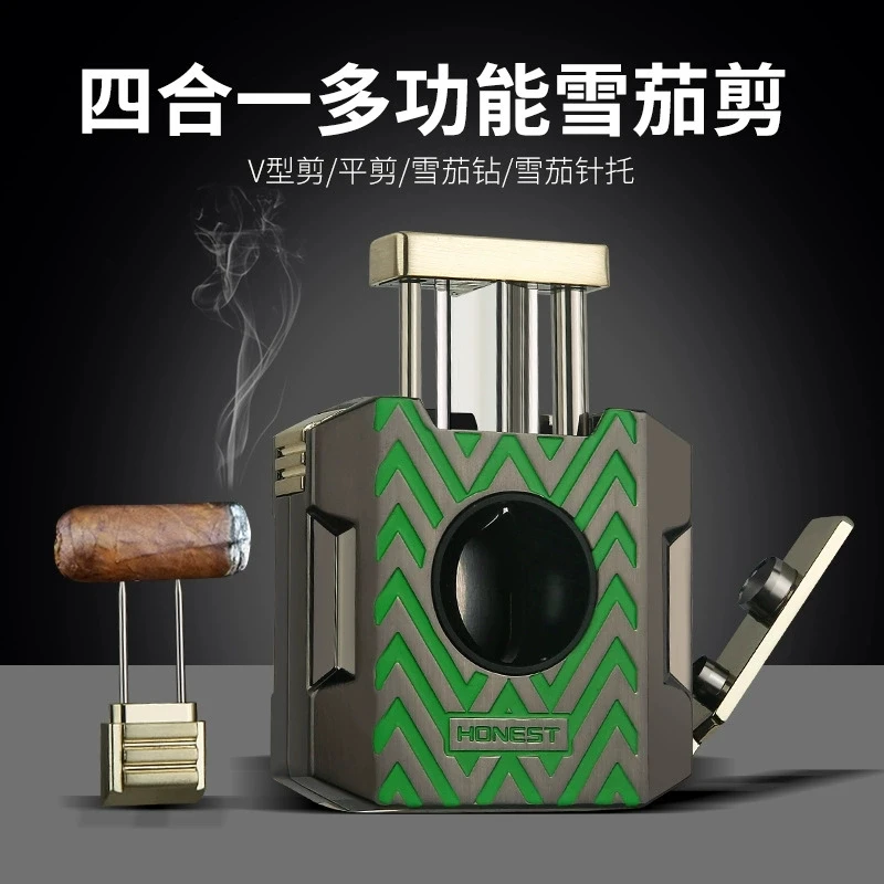 Honest Luxury Cigar Accessories Metal Cigar Cutter Integrated With Puncher V Cutter Needle Holder Gift for Cigar Smokers