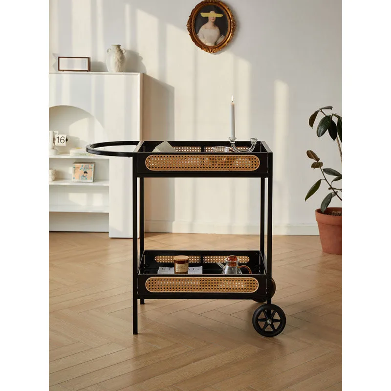 

Simple rattan trolley Simple coffee table rack Mobile Japanese dining car Sofa side few with wheels