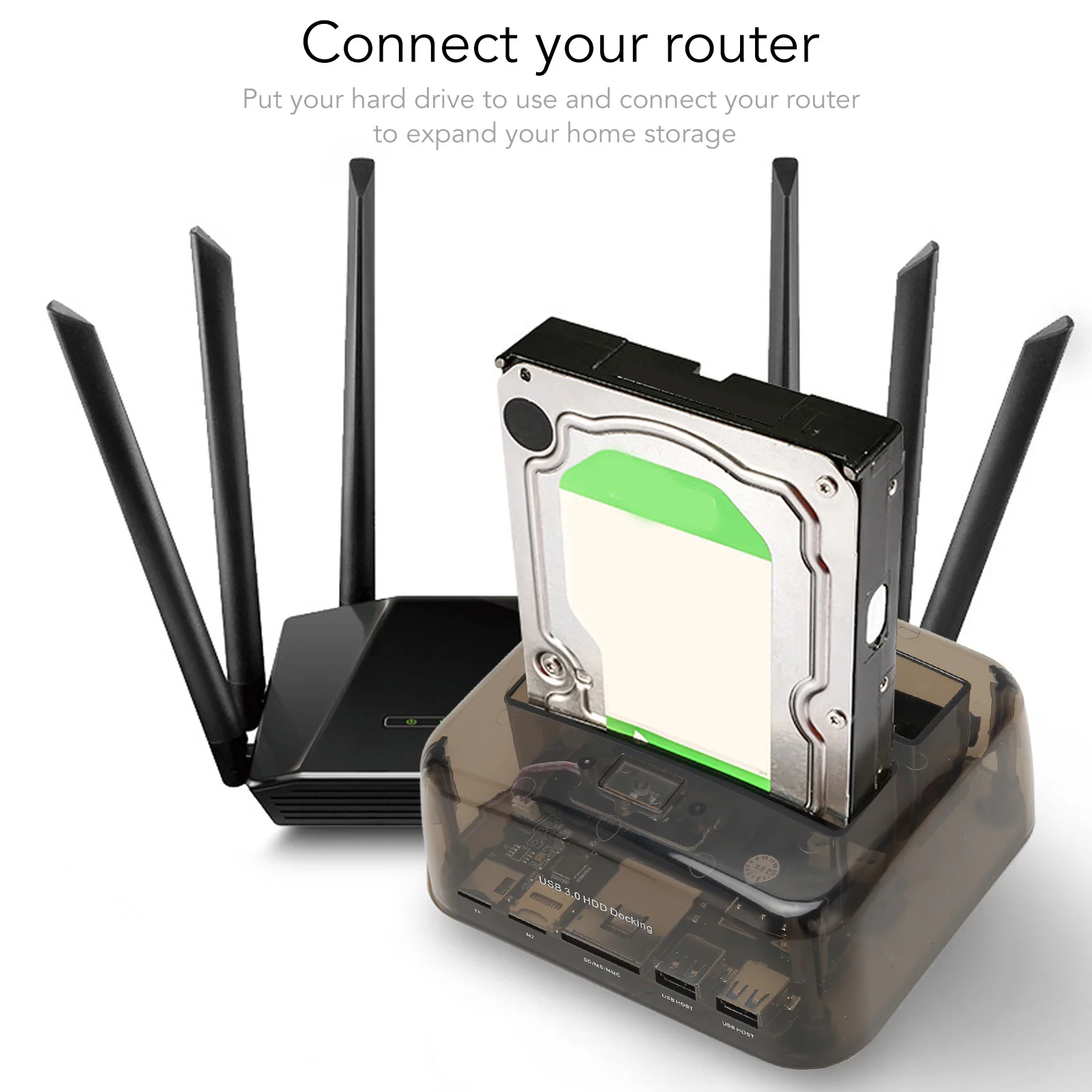 

HDD Docking Station 6Gbps Cloner Function Transparent Black Support 20TB Hard Drive Docking Station Dual Bay for 2.5 3.5in SSD