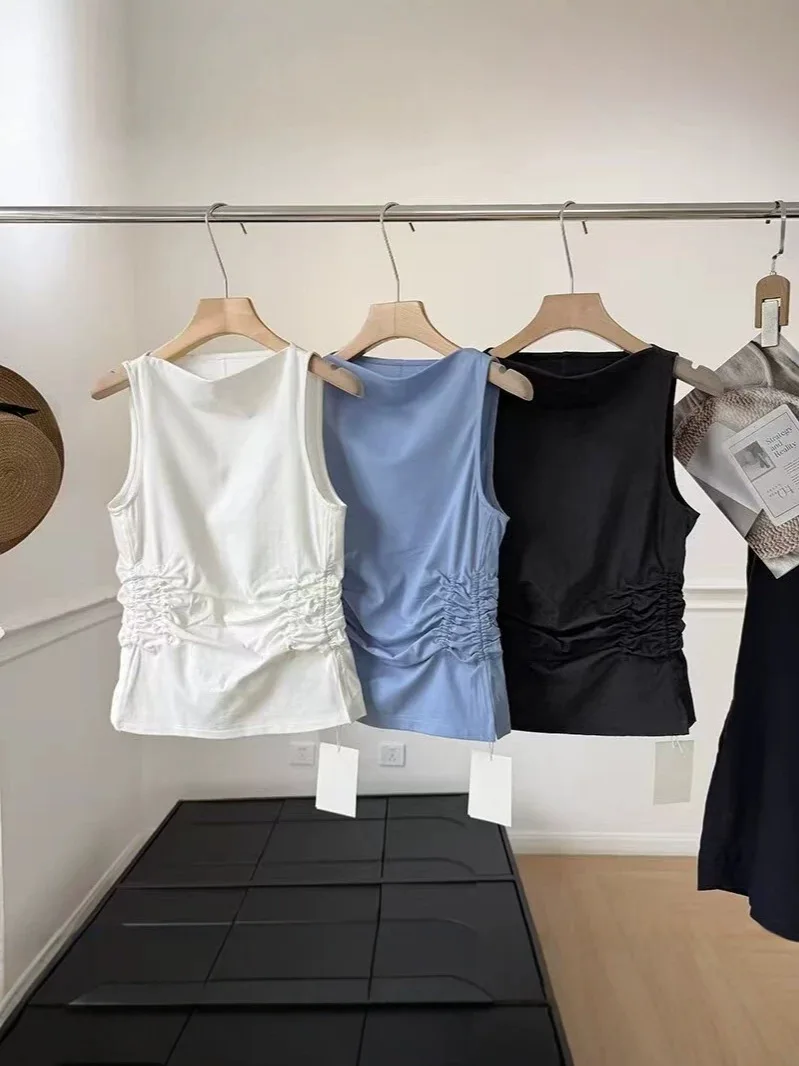 

Dave&Di Summer New Women's Round Neck Sleeveless T-shirt With Waist Cinching Design Slim Vest