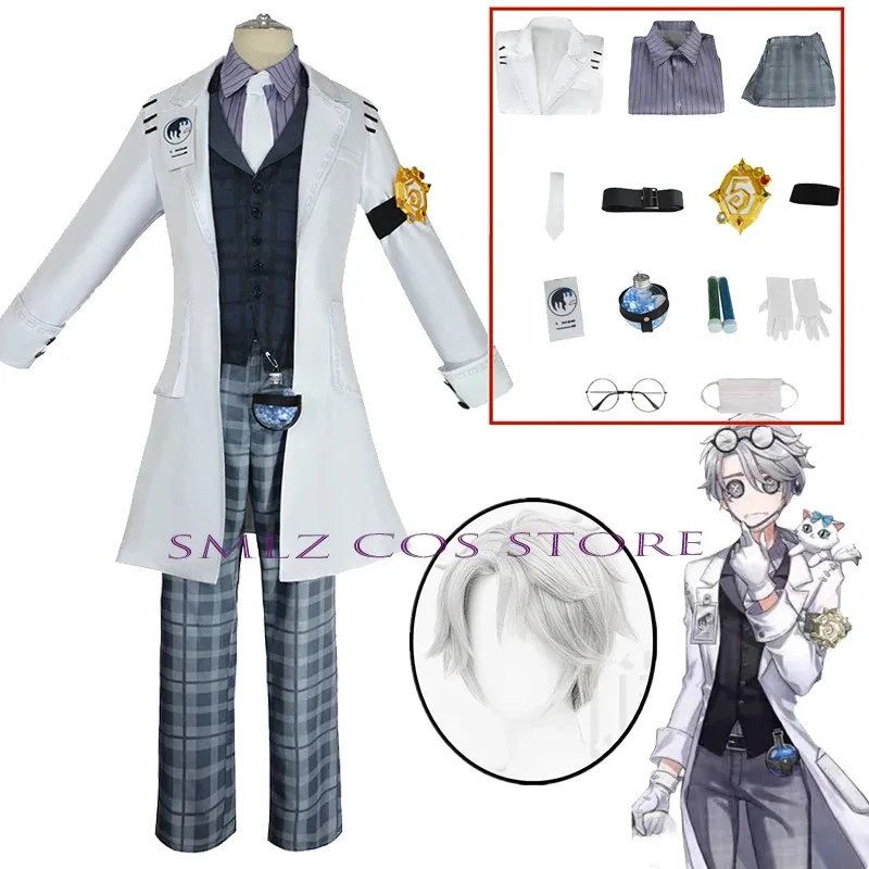 

Anime Aesop Carl Cosplay Costumes Game Identity V Embalmer School Uniform White Trench Wig Suit Halloween Party Outfit for Men