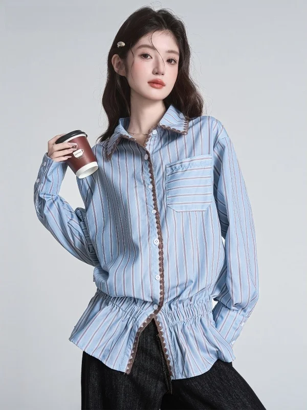 

Модный корейский полосатый свободный модный женский топ на пуговицах Long Sve, удобный дышащий повседневный наряд