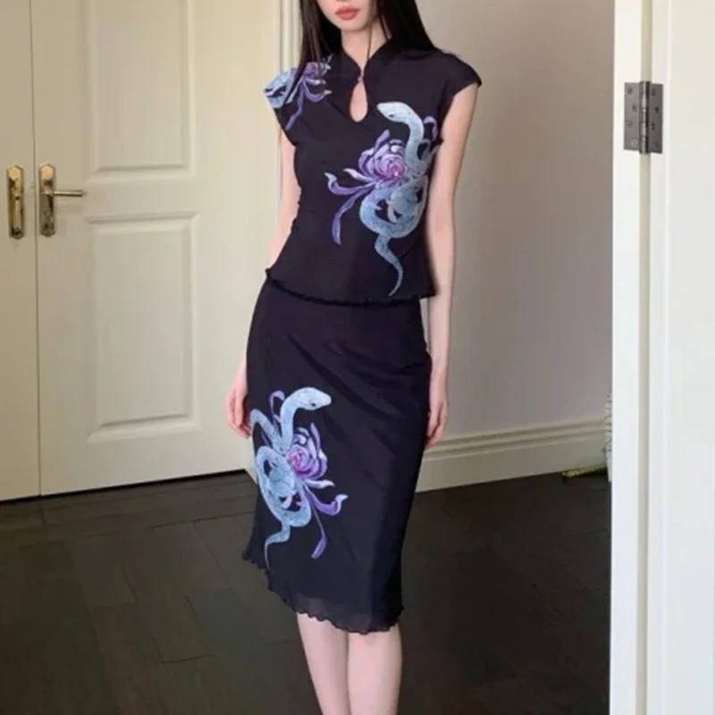 New Chinese style design retro style unique hollow out slimfit short sleeved top summer improved semi stand collar short sleeved