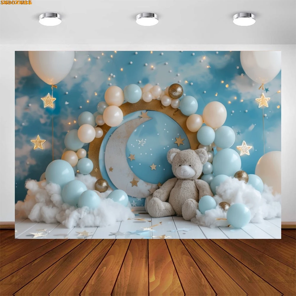 

White Clouds Moon Star Balloons Blue Wall Bear Backdrop Child Birthday Party Baby Shower Decor Cake Smash Photography Background
