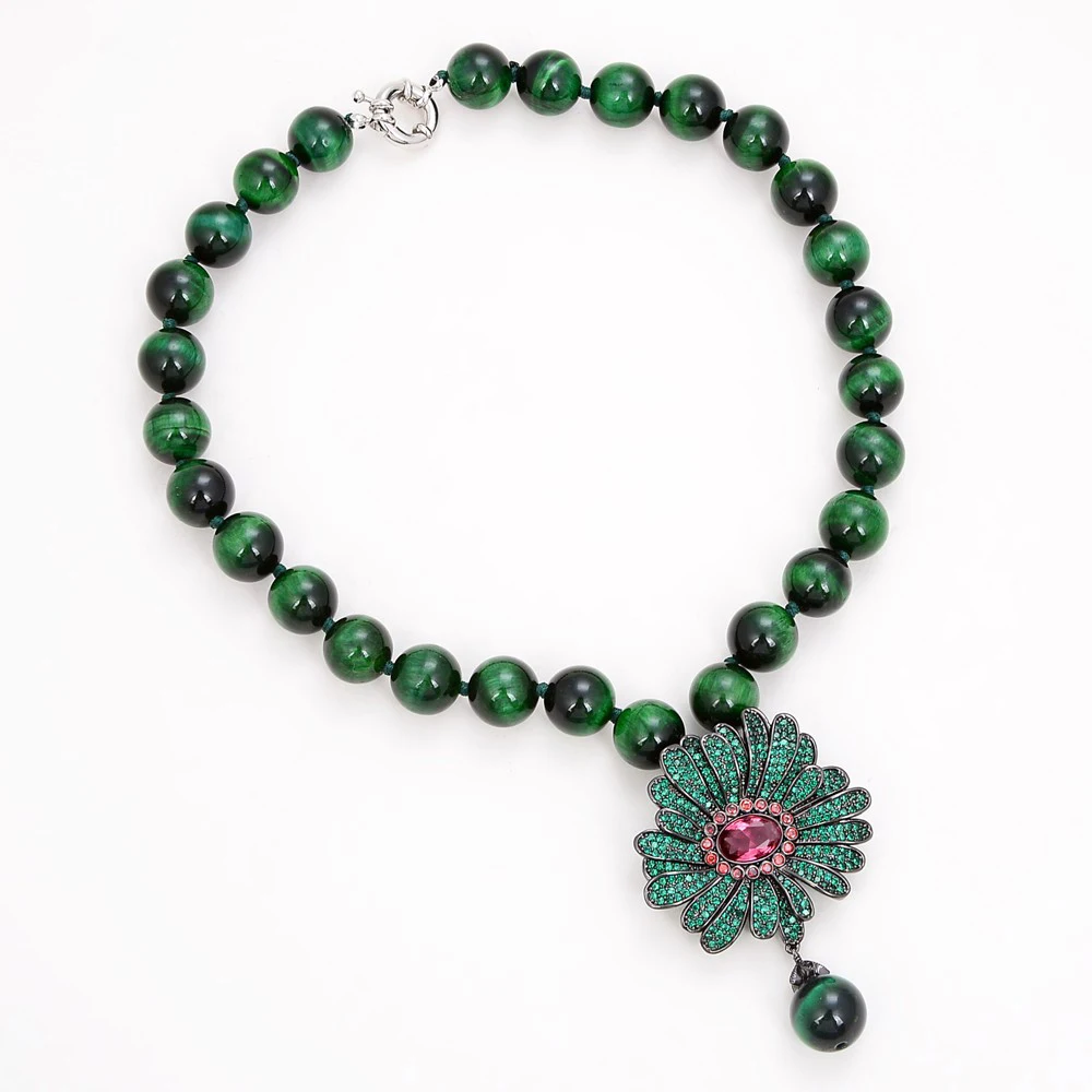 

18" Round Green Tiger Eye Necklace CZ Pave Flower Pendant