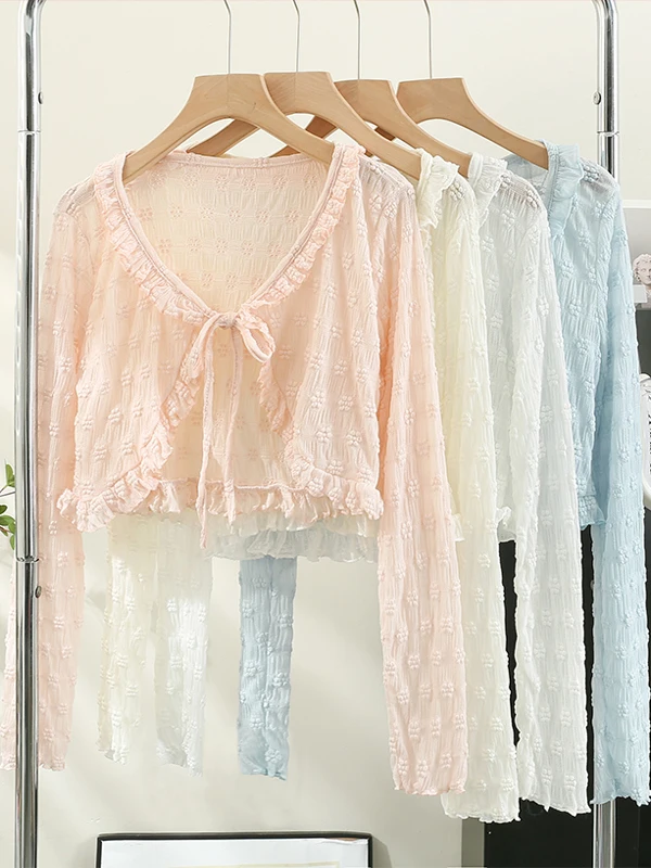 

Summer New Gentle Wind Lace Trim Belted Sun Protection Open Cardigan Women Outerwear Strap Vest Top oulder awl Thin Outer...
