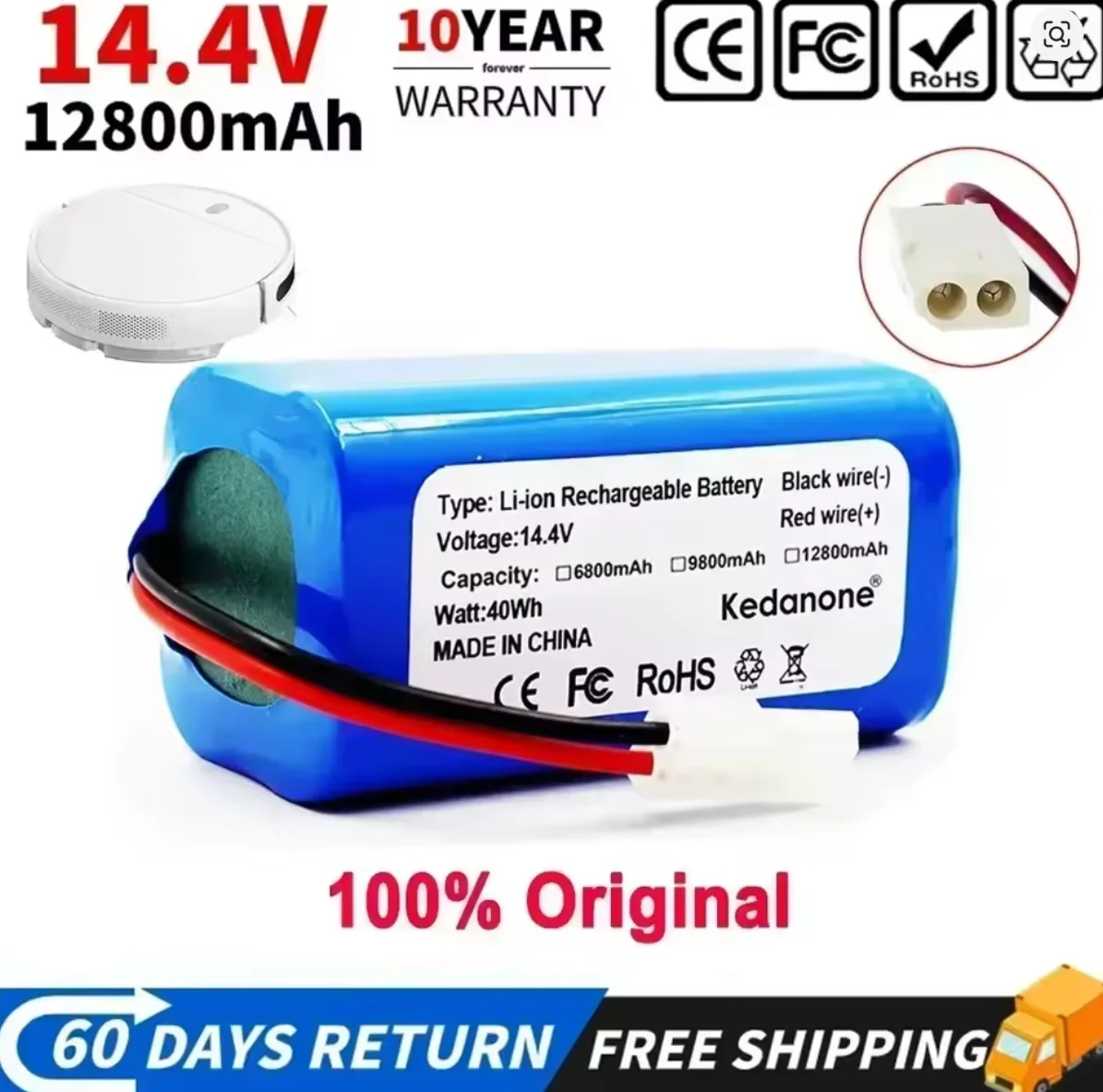 

Аккумулятор 14.8V 2600mAh 18650 для робота-пылесоса Xiaomi Mi Robot Vacuum-Mop Essential (MJSTG1), батарея 14.4V для Xiaomi G1