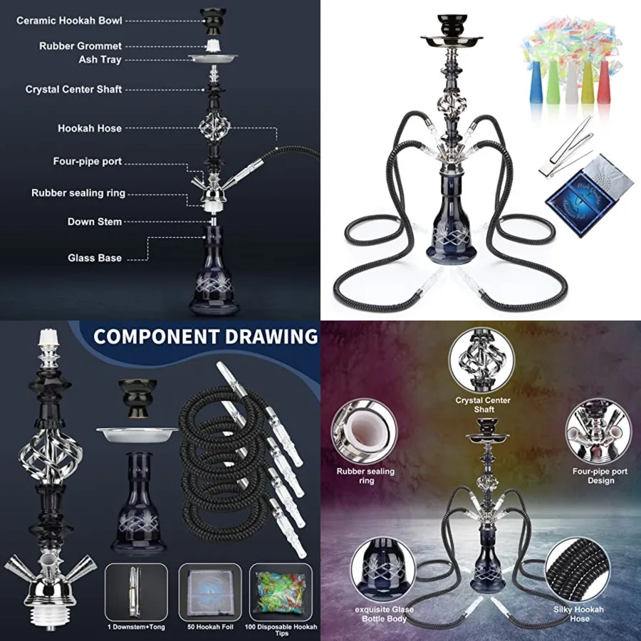 

Hookah Set With Everything 4 Hose - 22 Premium Hookah Shisha set with Glass Vase, Ceramic Bowl and Coal Tongs Ashtray