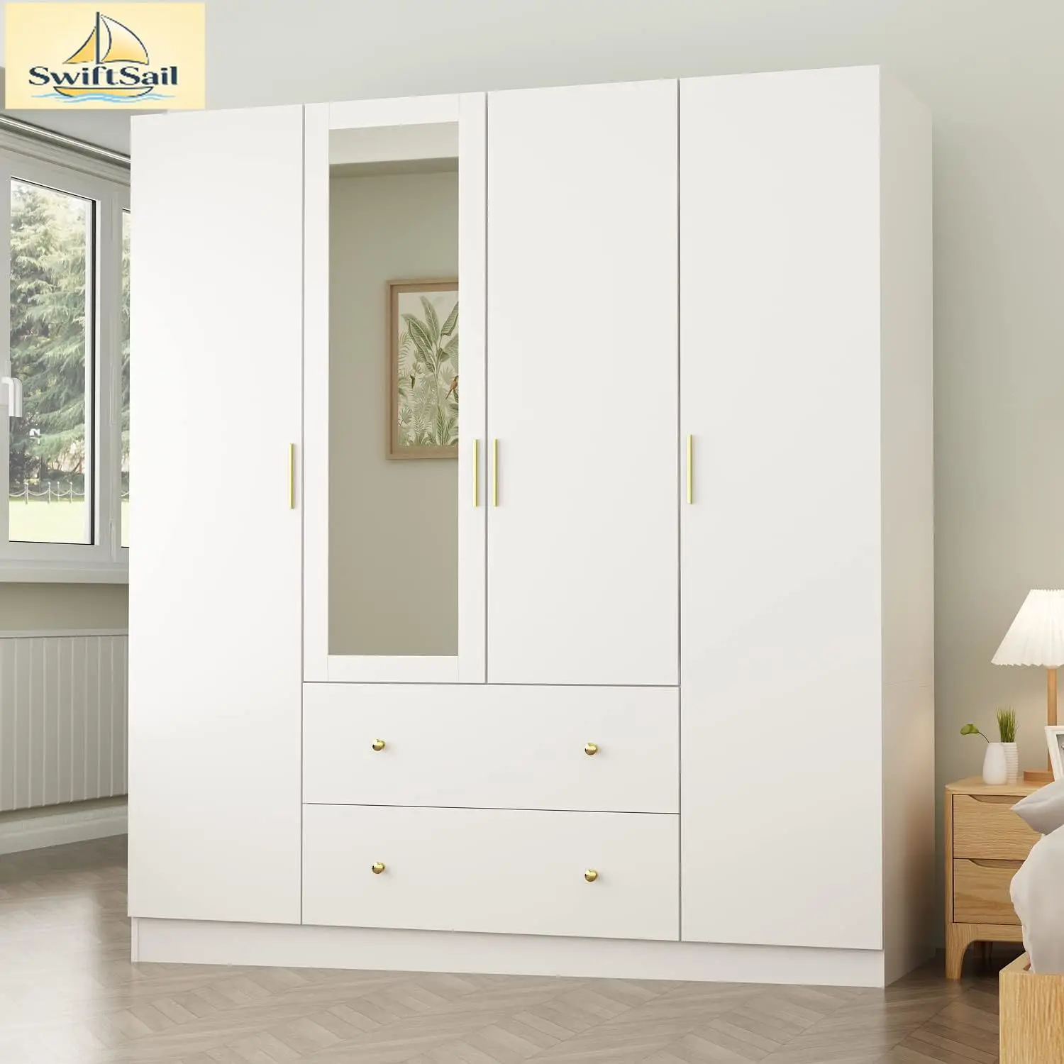 

Wardrobe Armoire with Mirror, 5-Tier Shelves, 2 Drawers, 2 Hanging Rods and 4 Doors, Wooden Closet Storage Cabinet for Bedroom,