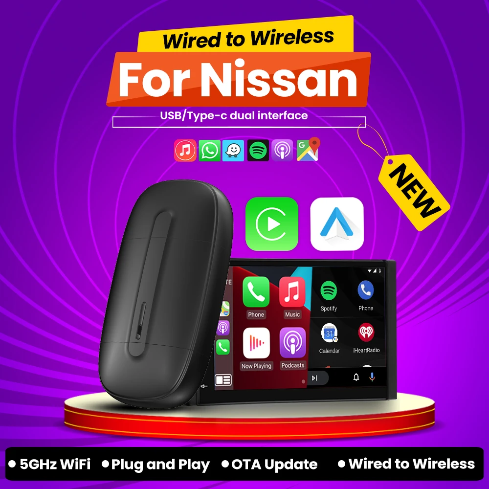 Android Auto Wireless Carplay USB Bluetooth Wifi Plug and Play Type-c Dongle For Nissan Maxima Micra Murano GT‑R Kicks Leaf 