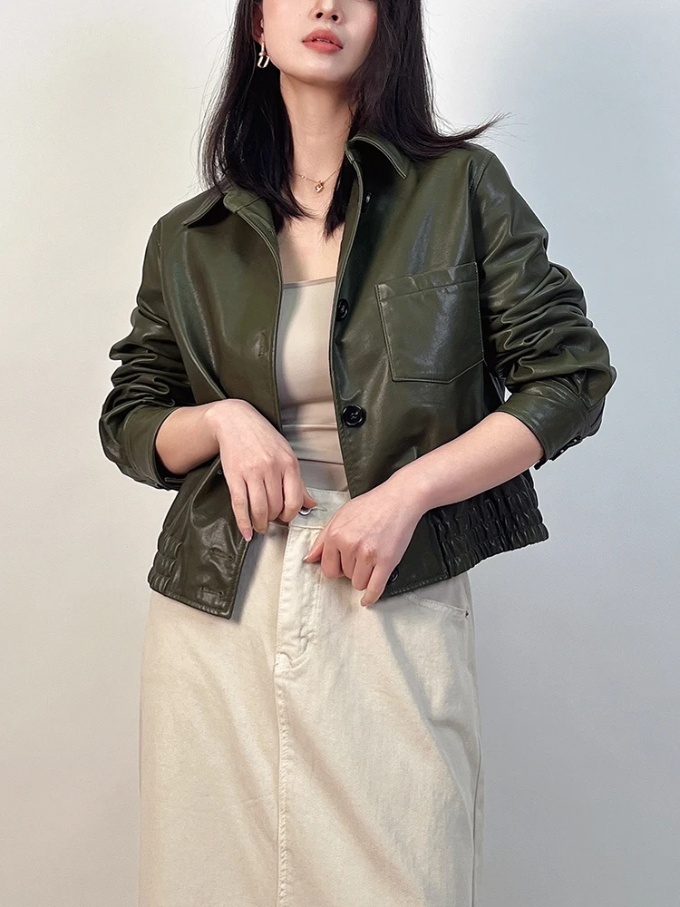 Vintage Genuine Leather Cropped Jackets for Women Spring Autumn High-end Simple Slim Single Breasted Soft Real Sheepskin Coat