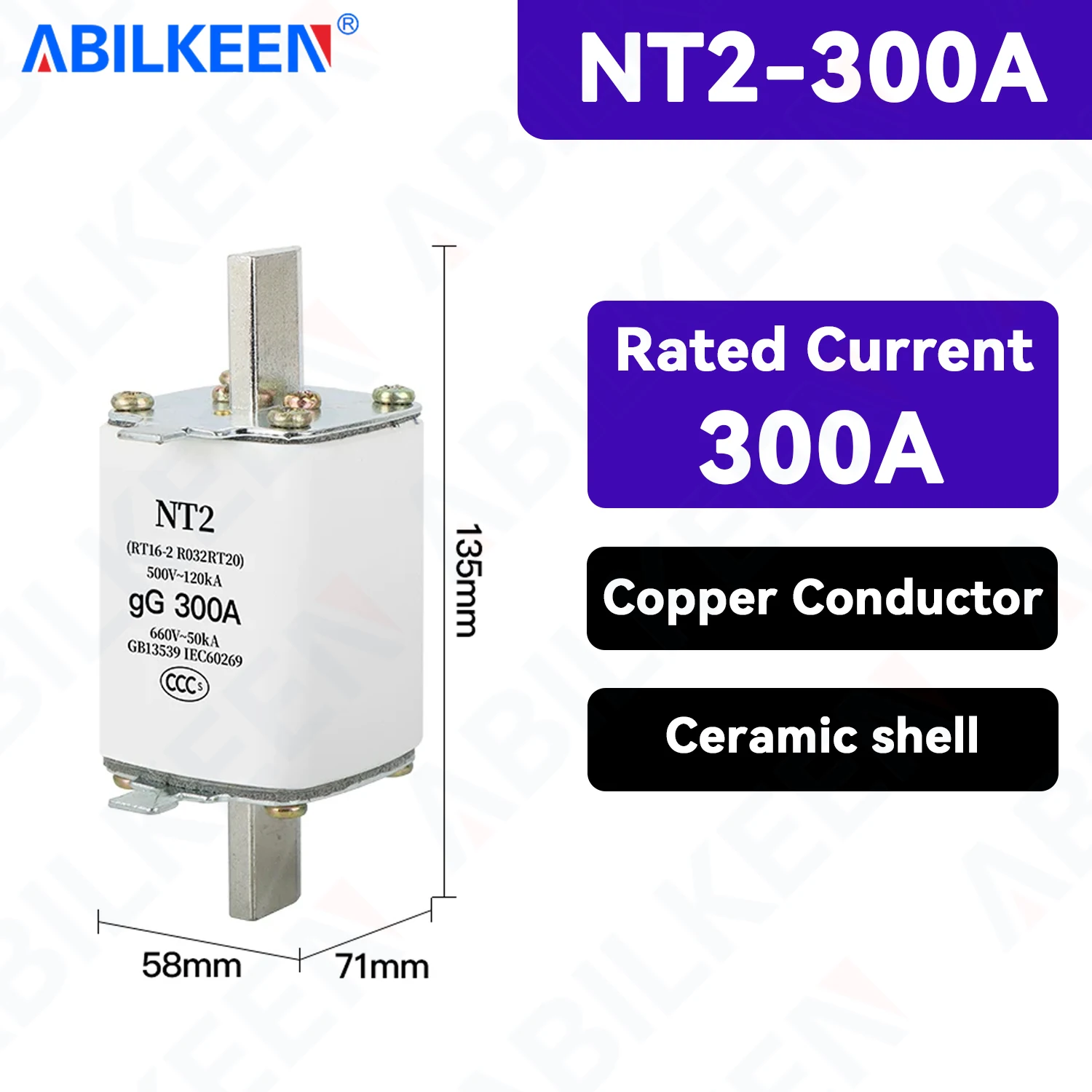 ABILKEEN NT2 Blow Blade Fuse 300A/315A/400A RT16-2 Knife Blade Fuse Tube 500V~660V Mini Blade Fuse Tube with Fuse Base