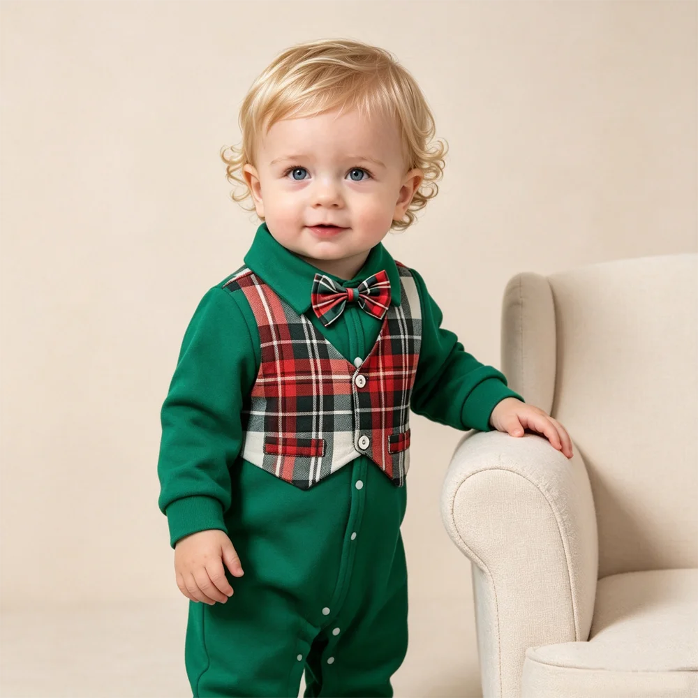 Baby Boy Romper Long Sleeve Green Plaid Vest Jumpsuit with Bow Tie Infant Formal Wedding Birthday Party Outfit for Christmas